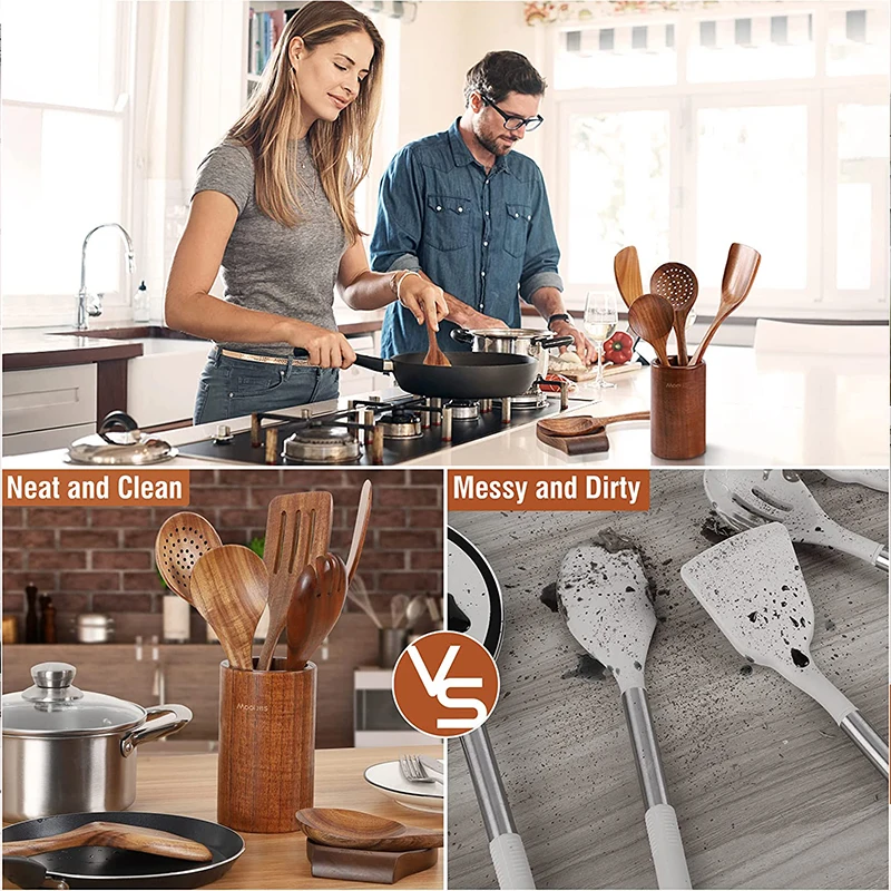 Natural Teak Cooking Spoon Scoop Kitchen Wooden Spatula Non-stick Utensils Set For Cooking With Hanging Hooks Cookware Tool