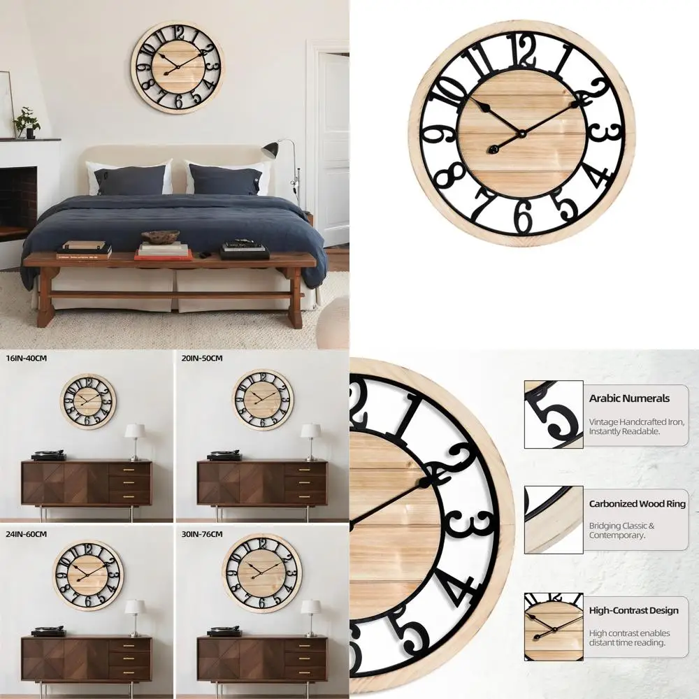 

24-дюймовые деревянные настенные часы в стиле рустик с черной рамкой, винтажный фермерский стиль для декора дома