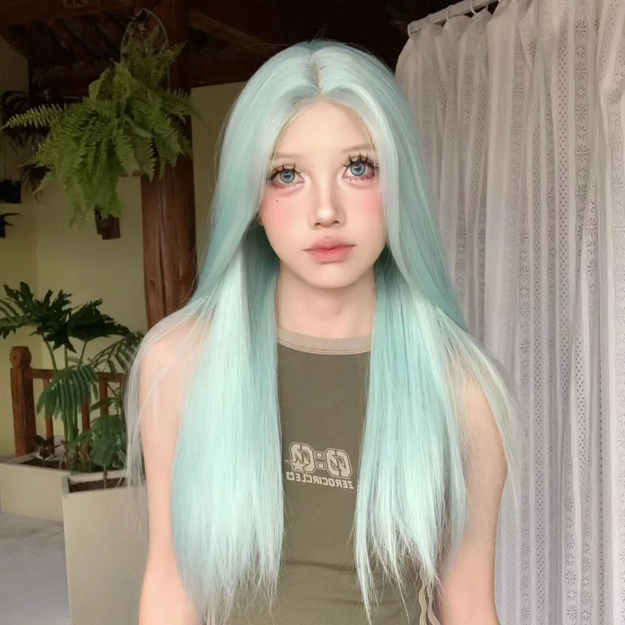 Synthetic Mint Blue Front Lace Long Straight Wig for Women Full Head Cosplay Party Costume Daily Wear 2025 New Style