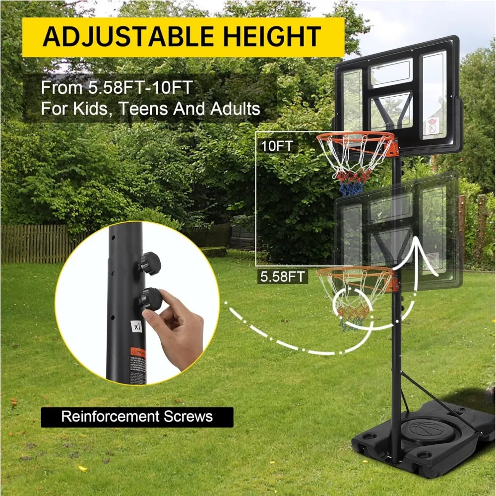 Sistema de portería de baloncesto portátil con altura ajustable, aro exterior de 4-10 pies, base ampliada y tablero de PC para cancha versátil