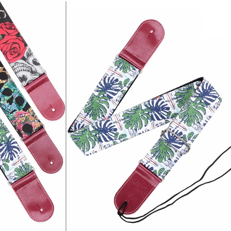 Adjustable Printing Leather Head Guitars Strap with Artsy Pattern 3 Colors Optional for Acoustic Electric Bass Guitars