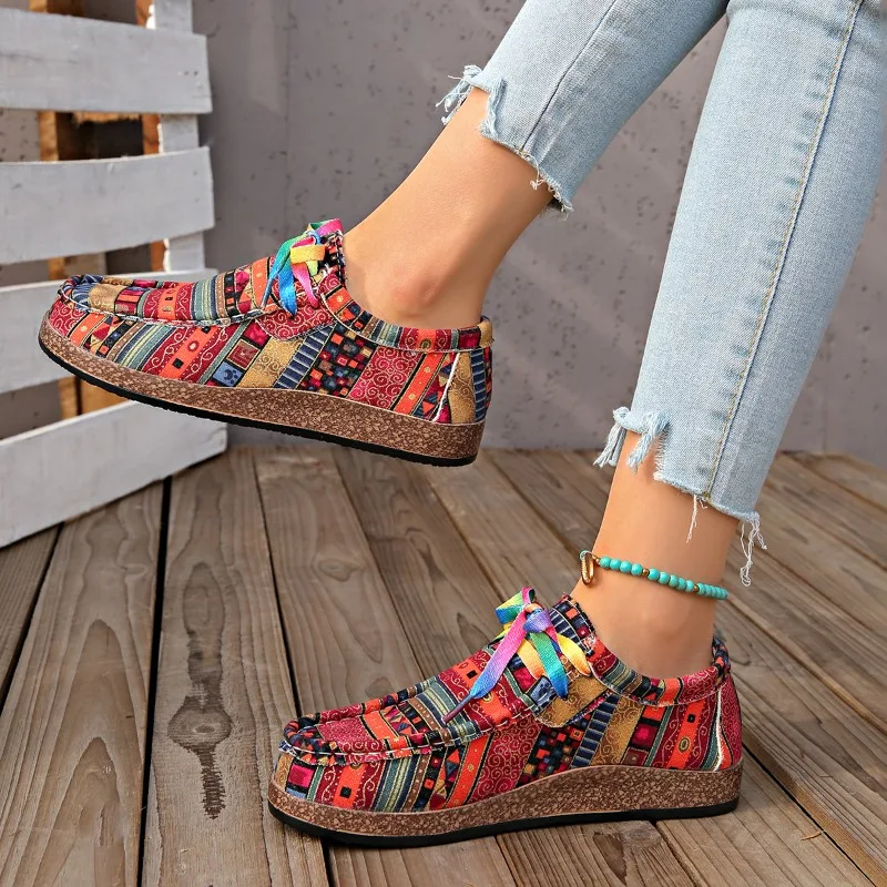 Ethnic style casual women's single shoes, colorful lace-up graffiti low-top shoes, comfortable round-toe women's shoes