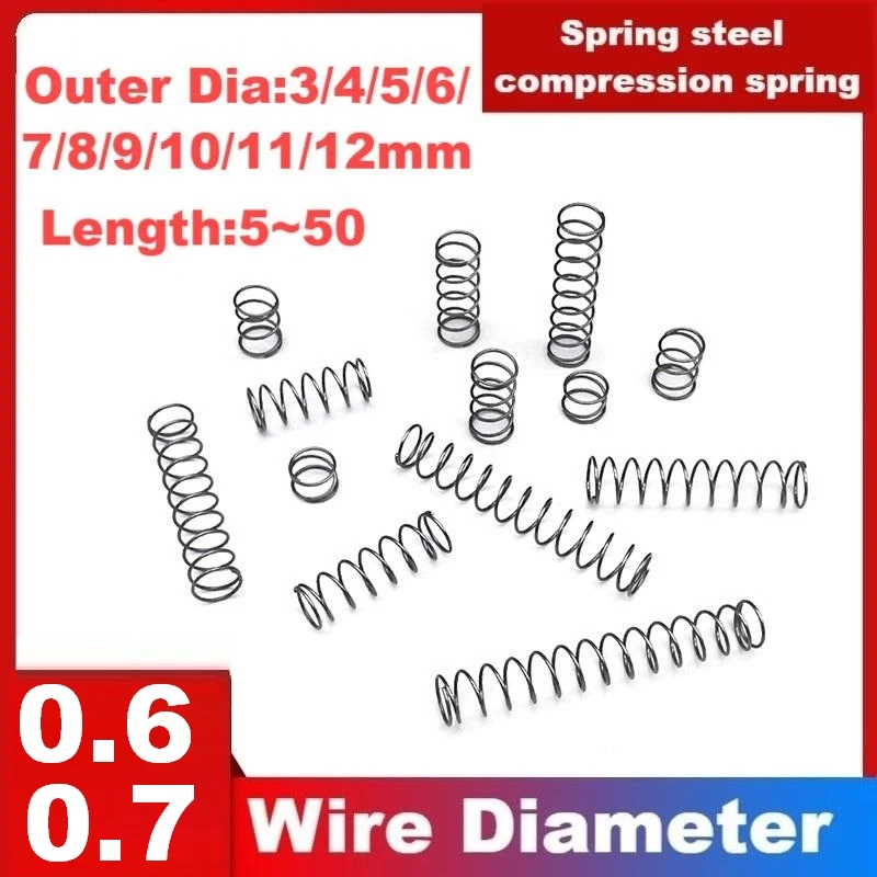 

Spring steel small compression spring,Wire Dia0.6/0.7mm,Outer Dia4/5/6/7/8/9/10/11/12mm,Length5/10/15/20/25/30/35/40/45/50mm.
