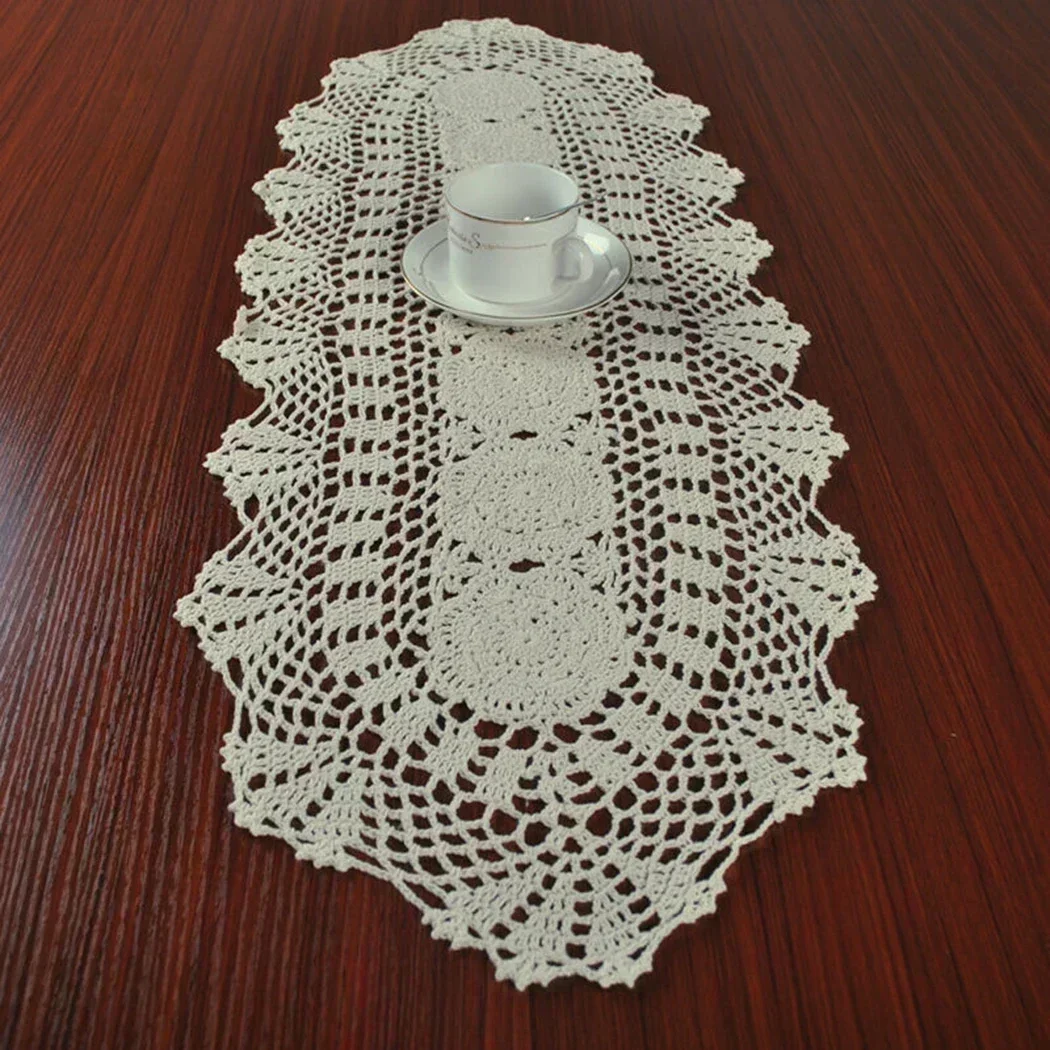 Cafe shop furniture Table Runner Vintage 30x80cm Cotton Crocheted Dining table Floral Hotel Lace Oval Restaurant