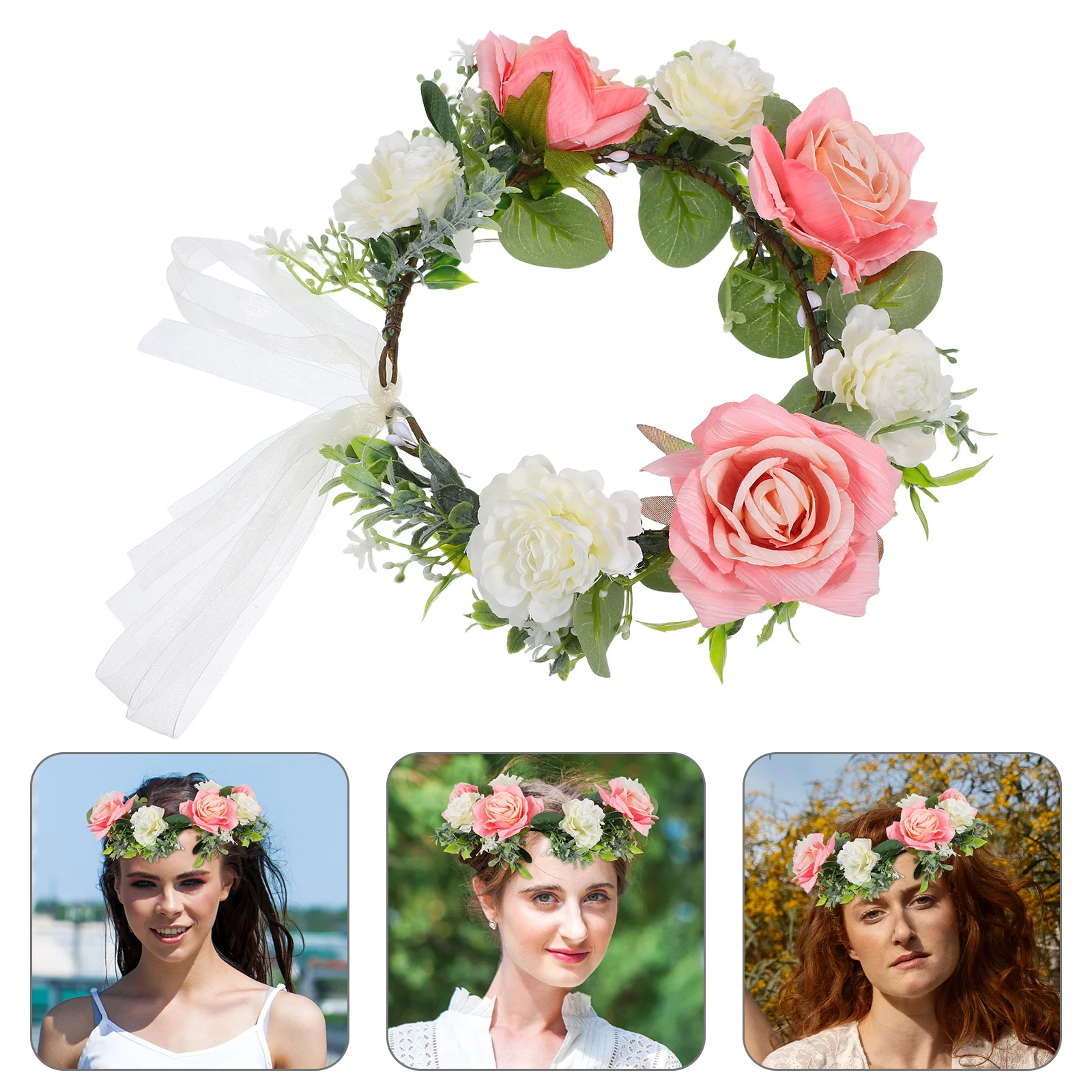 

Handmade Rose Floral Headband Adjustable Braided Flower Crown for Weddings Parties Festivals Bridal Hair Accessories