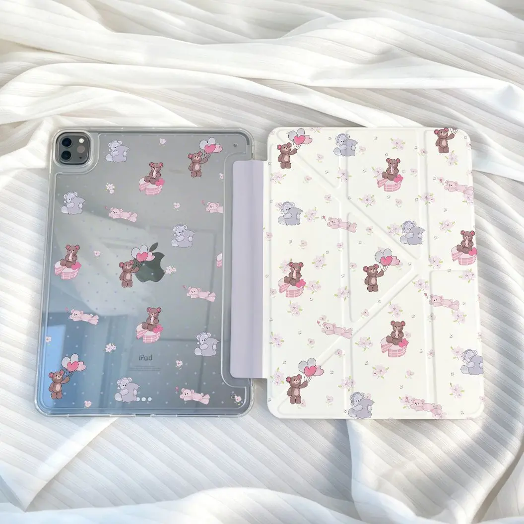 Korean Love Bear Floral Tablet Case For iPad Pro 11 12.9in 13 M4 9.7 10.2 5/6th 7/8/9 10 11th MINI 6 7 Air 5 6 7 Trifold Case