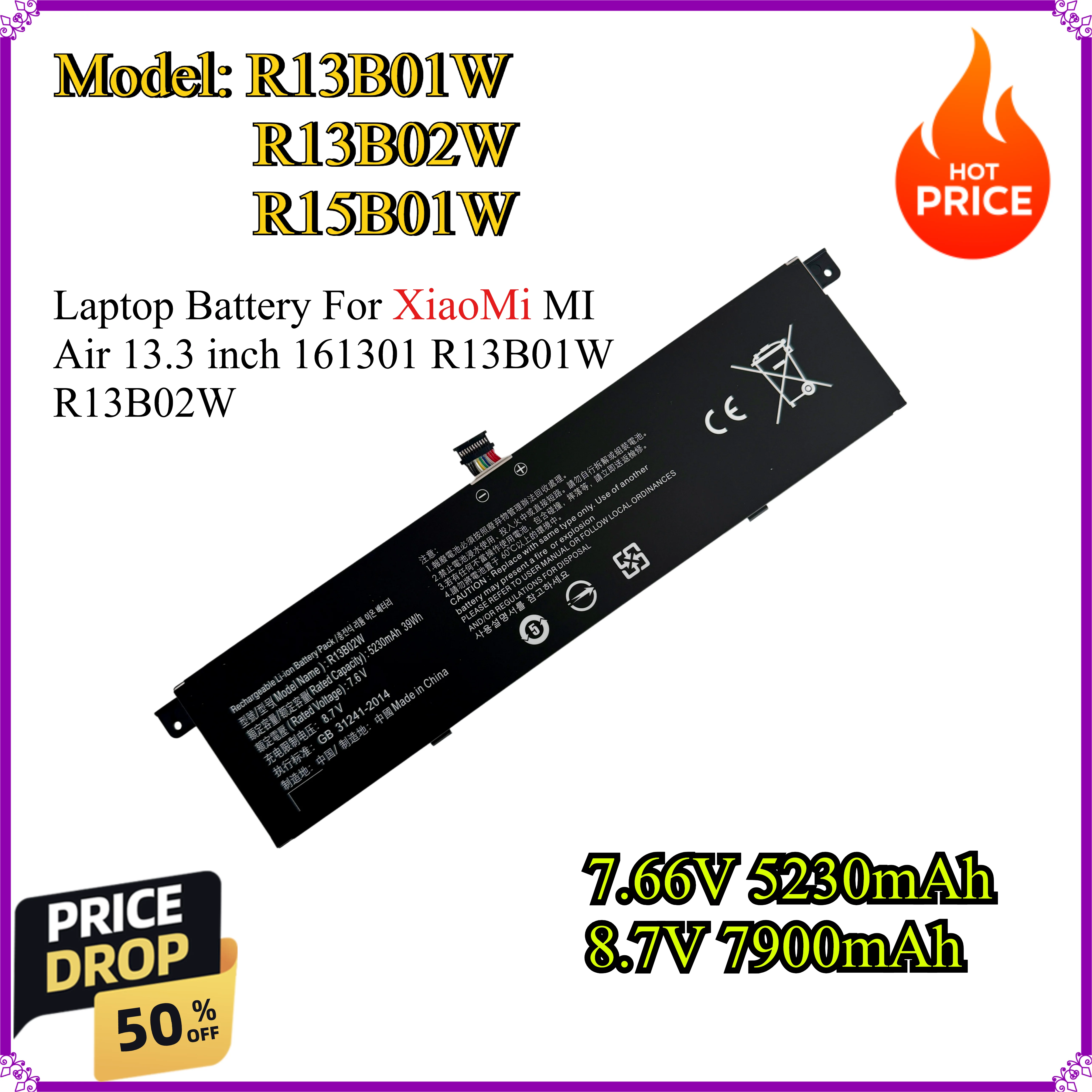 

R13B01W R13B02W R15B01W 5230mAh 7900mAh Laptop Battery For XiaoMi MI Air 13.3 inch 161301 R13B01W R13B02W