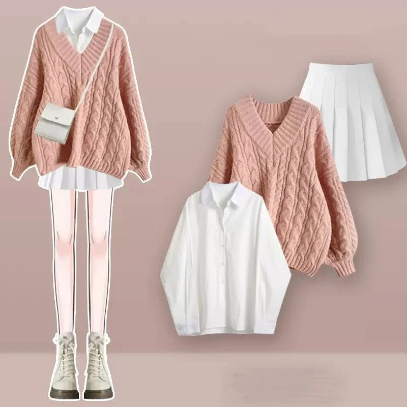 Korean Style Loose and Lazy Sweater White Shirt Pleated Skirt Two-piece Set Elegant Women\'s Skirt Set Casual Clothing