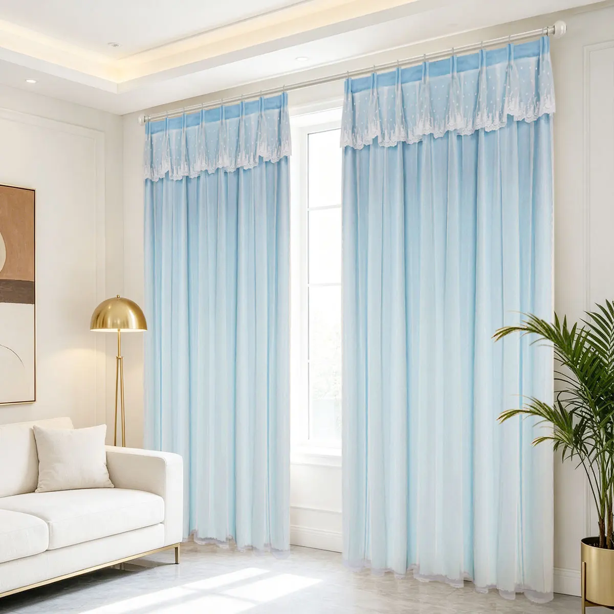 Light Blue Double Layer Lace Valance Medium Shading Hook Pleat Curtains, Romantic Decor Drapes for Household Windows