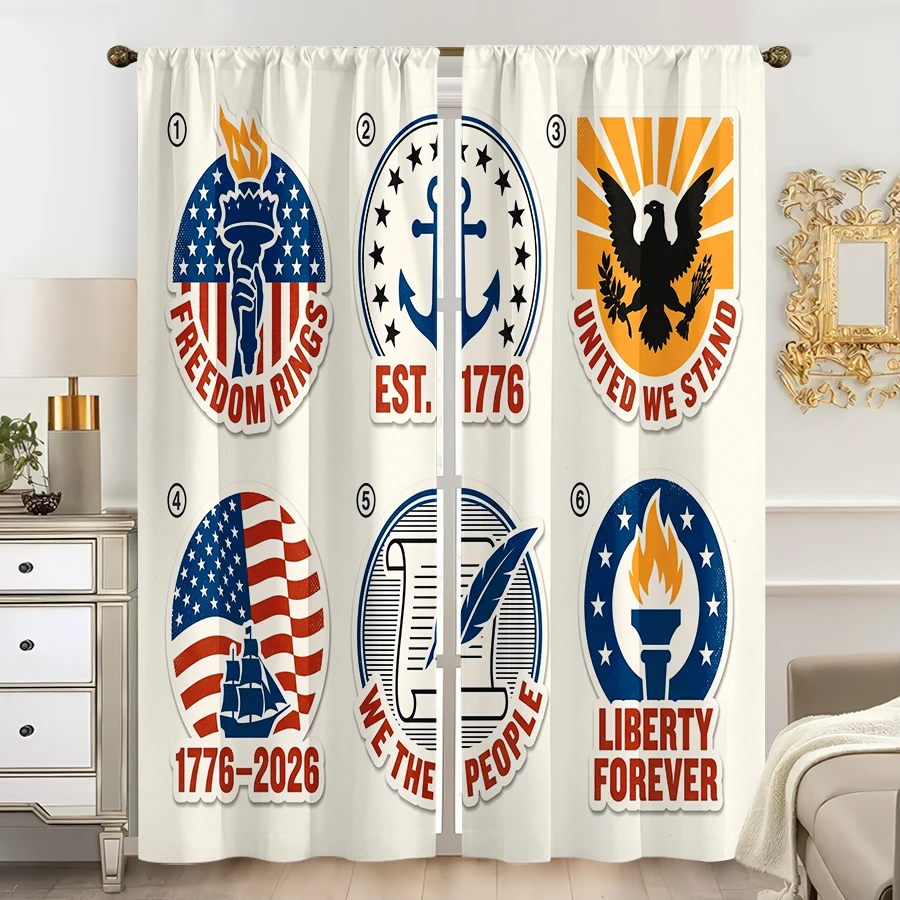 2PCS Curtains, Vintage Six-Piece American Patriotic Badge Print With Liberty Torch, Anchor, Bald Eagle, US Flag Sailboat and Con