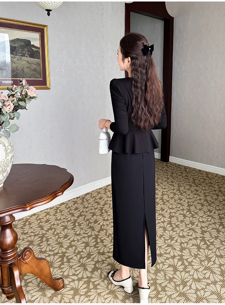 Lente Mode Nep Twee Stukken Splicing Ruches Jurken Vestidos 2025 Herfst Vrouwen Luxe Kralen Lange Mouwen Slanke Bodycon Jurk