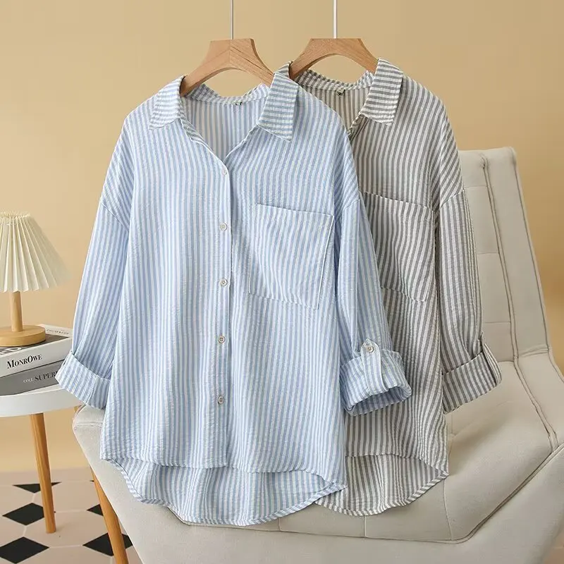 

Весенняя французская простая полосатая рубашка для женщин, повседневная модная свободная рубашка для работы, женская рубашка 4XL с отложным воротником на одной пуговице