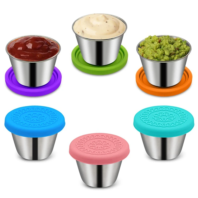 2.4Oz Small Condiment Containers, Salad Dressing Container, Stainless Steel Sauce Container With Silicone Lids
