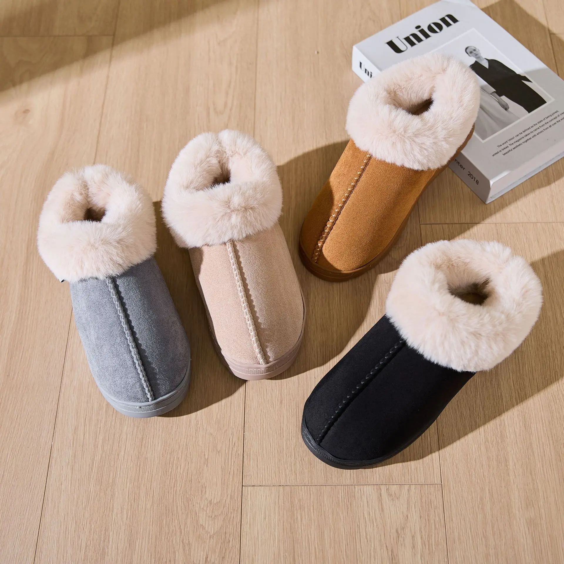 Shevalues Winter Fluffy Men Slippers Plush Collar Outdoor Warm Anti-slip Cotton Shoes Indoor Casual Fur Slides Fuzzy House Shoes