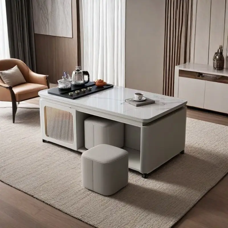 Modern rock slab multi-functional kung fu solid wood tea  movable coffee with tea  integrated dining