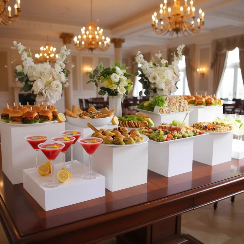 Wedding Party Decoration White Acrylic Food Display Cube Stand Buffet Set Catering Acrylic Food Stand