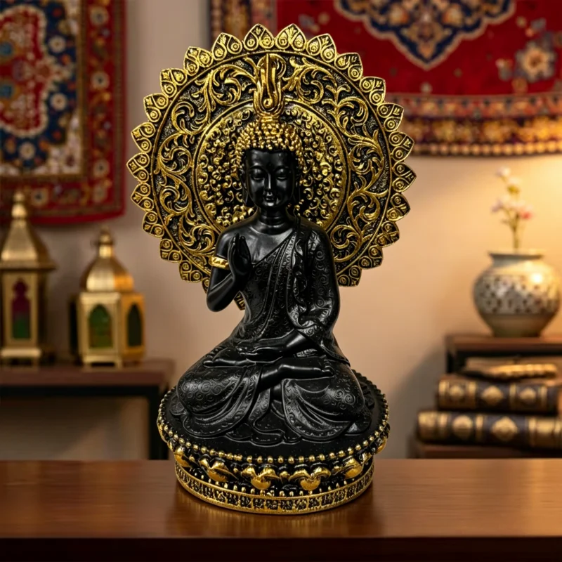 Black Gold Sitting Buddha Resin Statue with Mandala Backplate, Meditation Buddha Figurine, Home Altar Zen Worship Decor Ornament