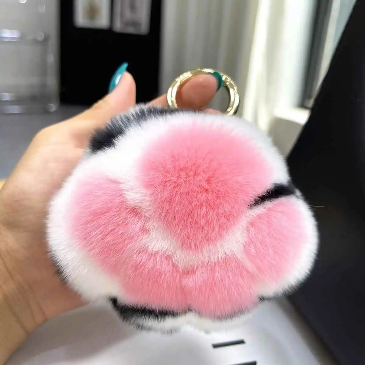 Adorable  Paw Car Keychain Hanging Decoration Leopard Print Rabbit Fur Ball Book Bag Accessory Birthday Gift