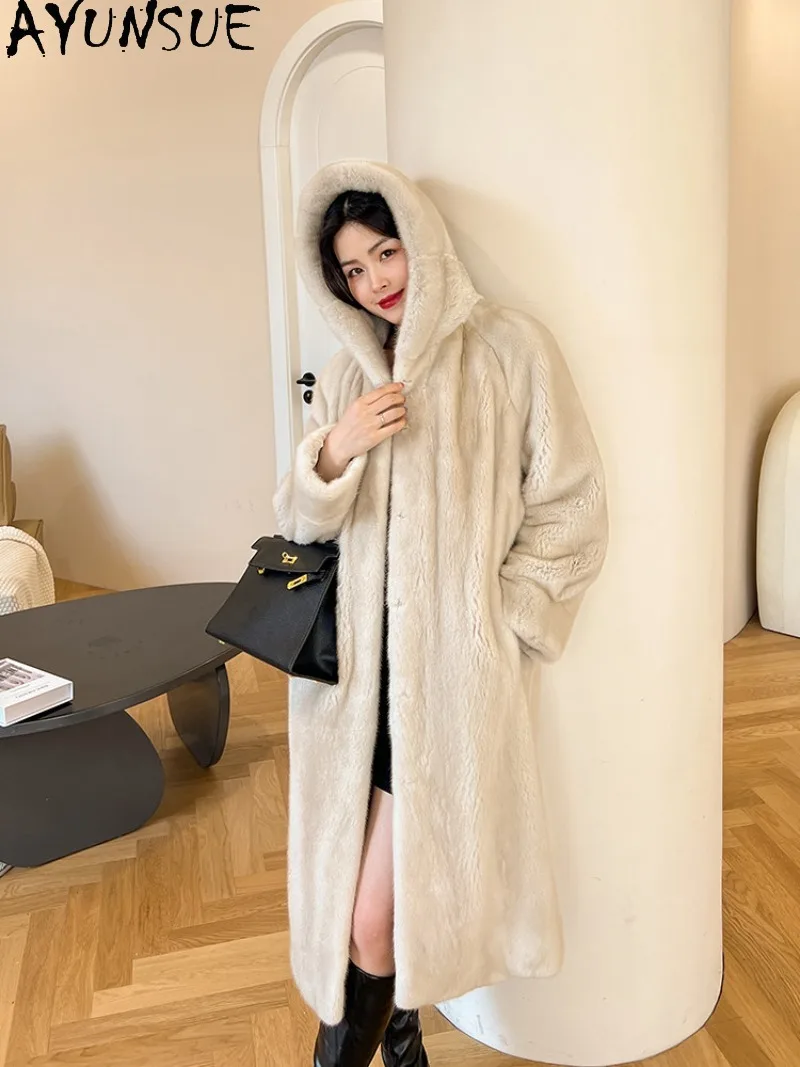 AYUNSUE Natural Purple Label Velvet Whole Mink Fur Coat Womens Warm Winter Fur Coats Hooded Long Over Knee Mink Real Fur Jacket
