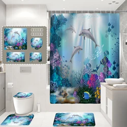 Blue Underwater World Sea Life Polyester Fabric Shower Curtain Ocean Theme Bathroom Decoration Set with Hooks