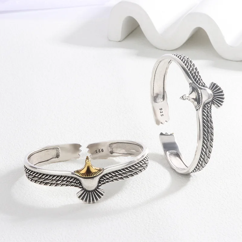 New Retro Thai Silver Eagle Bracelets 925 Sterling Silver Jewelry Domineering Creative Feather Bird Opening Bangles  SL107