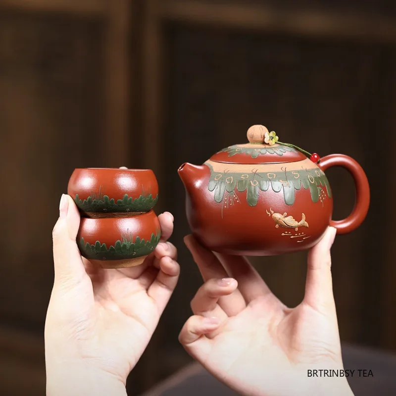 340ml Yixing Handmade Purple Clay Teapot Fish Pattern Xishi Tea Pot Beauty Kettle Household Teacup Chinese Zisha Tea Set Teaware