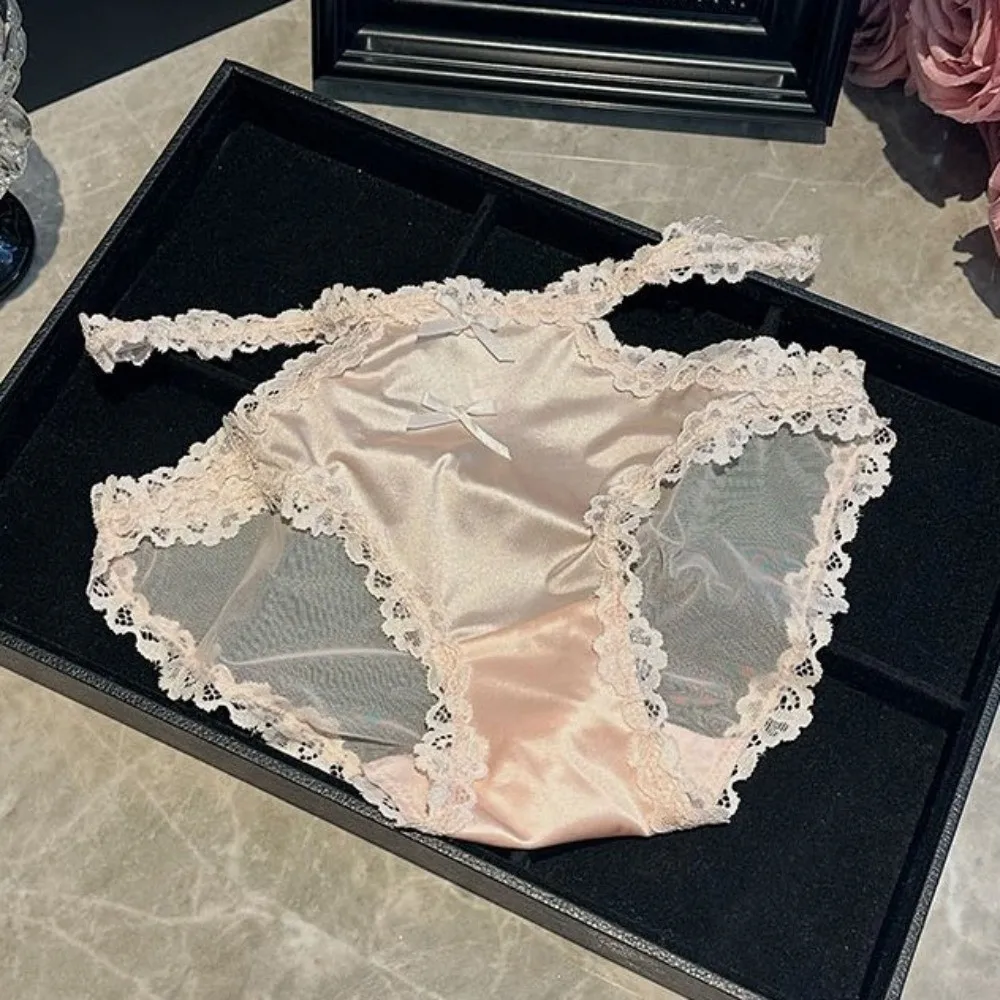 Sweet Bow Lace Flower Panties Seamless Transparent Lace Mesh Briefs Mid Waist Patchwork Satin Silk Briefs Girl