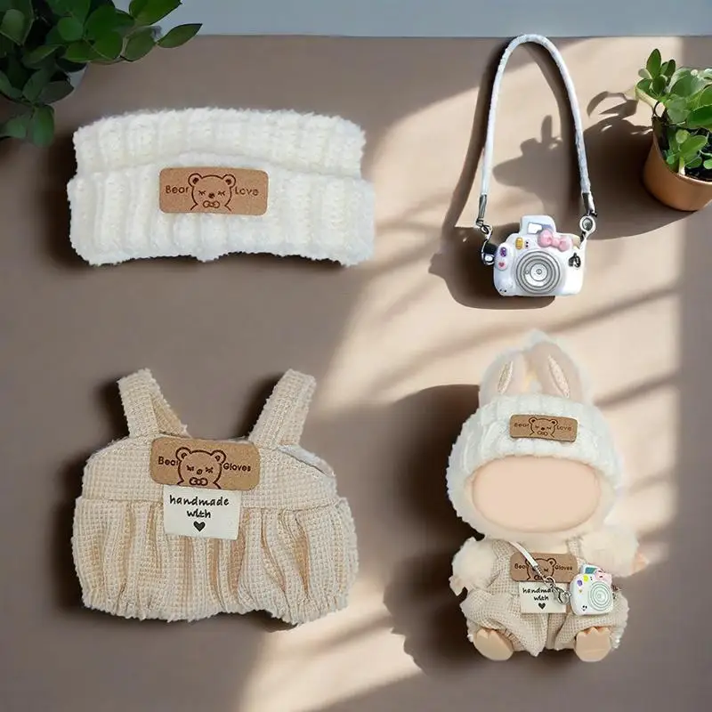 

DIY для 15-17 см v1v2 Labubu, одежда, наряд Labubu, сидячая вечеринка, этикетка с медведем, шарф, шляпа, сумка, аксессуары для кукол, милые украшения