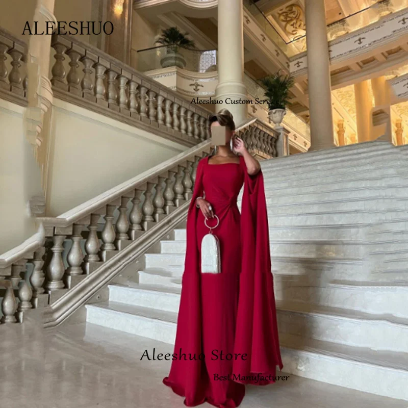 Exquisite Red Evening Dresses Charming Satin Saudi Arabric Prom Dresses Square Collar Long Sleeve Floor Length 2025 Customized