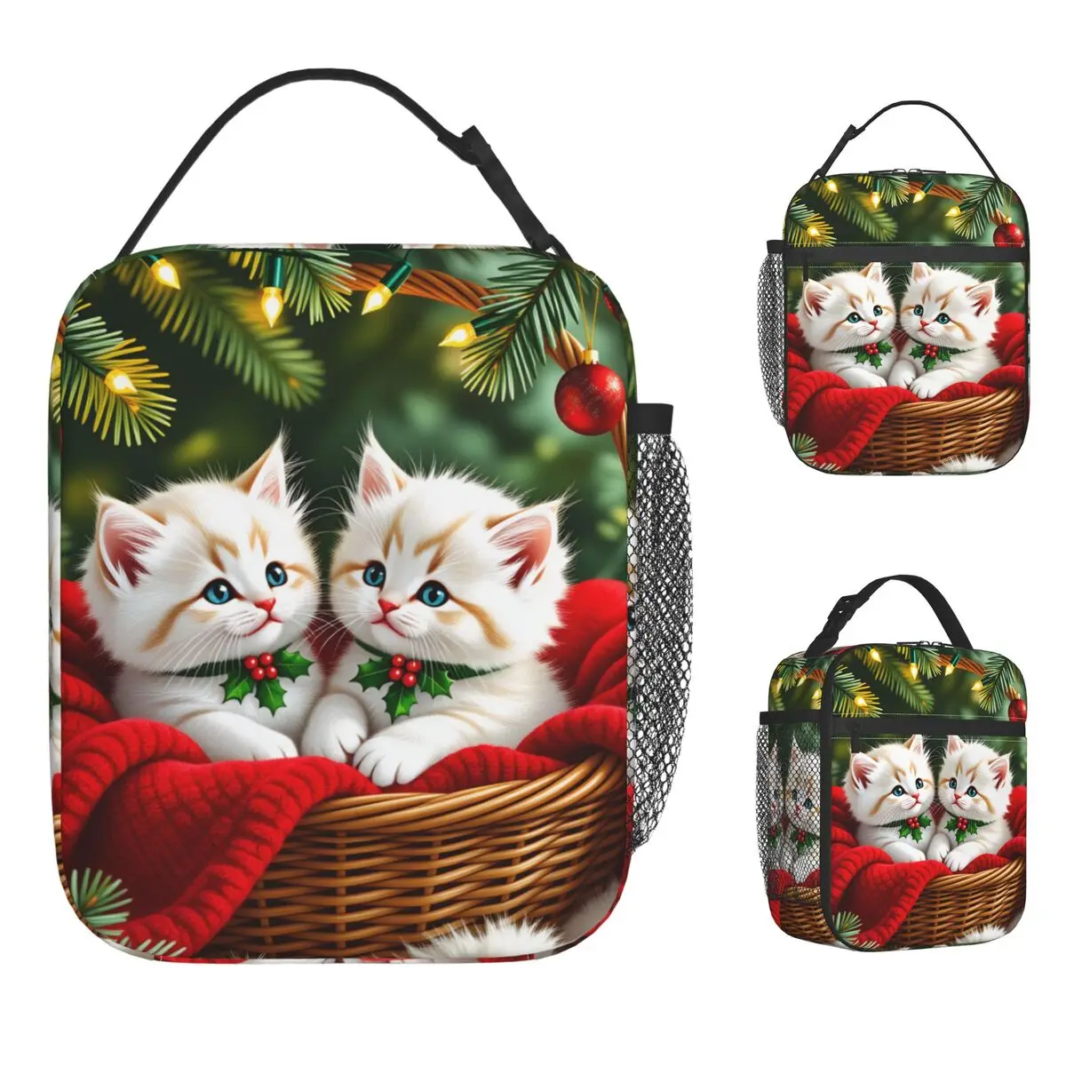 Christmas Cats Adorable Kittens In Festive Lunch Bag For Men Print Lunch Box Travel Cooler Bag Portable Zipper Tote Handbags