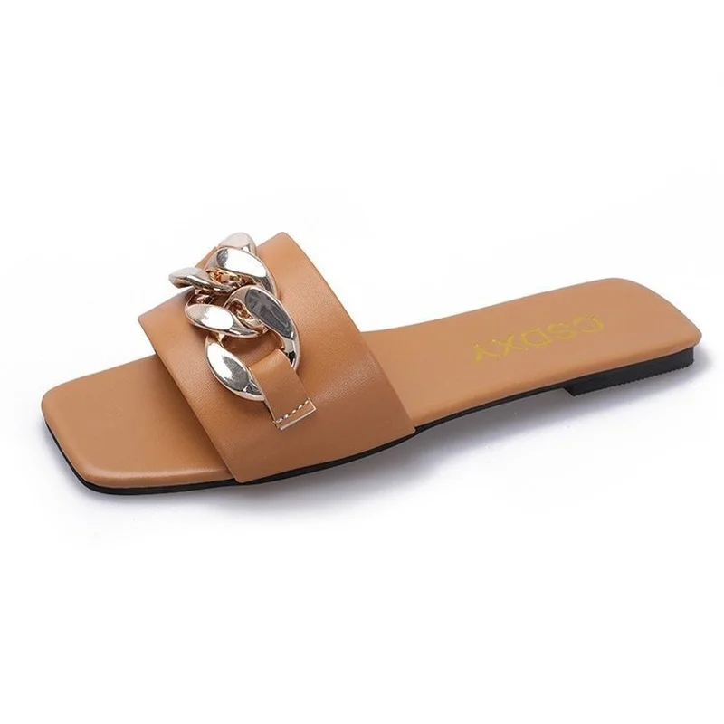 Pantofole estive da donna di grandi dimensioni carine pantofole a catena con punta quadrata Slip on sandali con scivolo piatto infradito da spiaggia