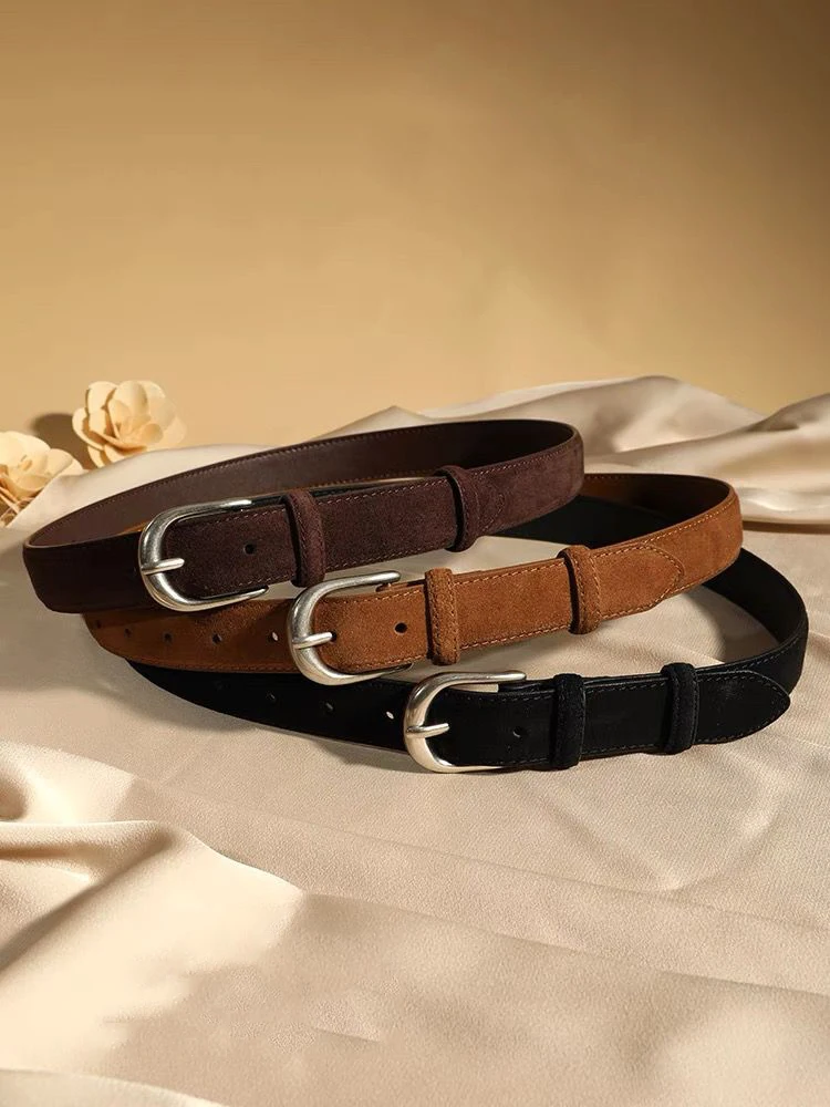 Sabuk Kulit Asli Kasual untuk Wanita, Sabuk Kulit Sapi Suede Lebar Elegan untuk Gaun dan Jeans, Ikat Pinggang dengan Gesper Perak