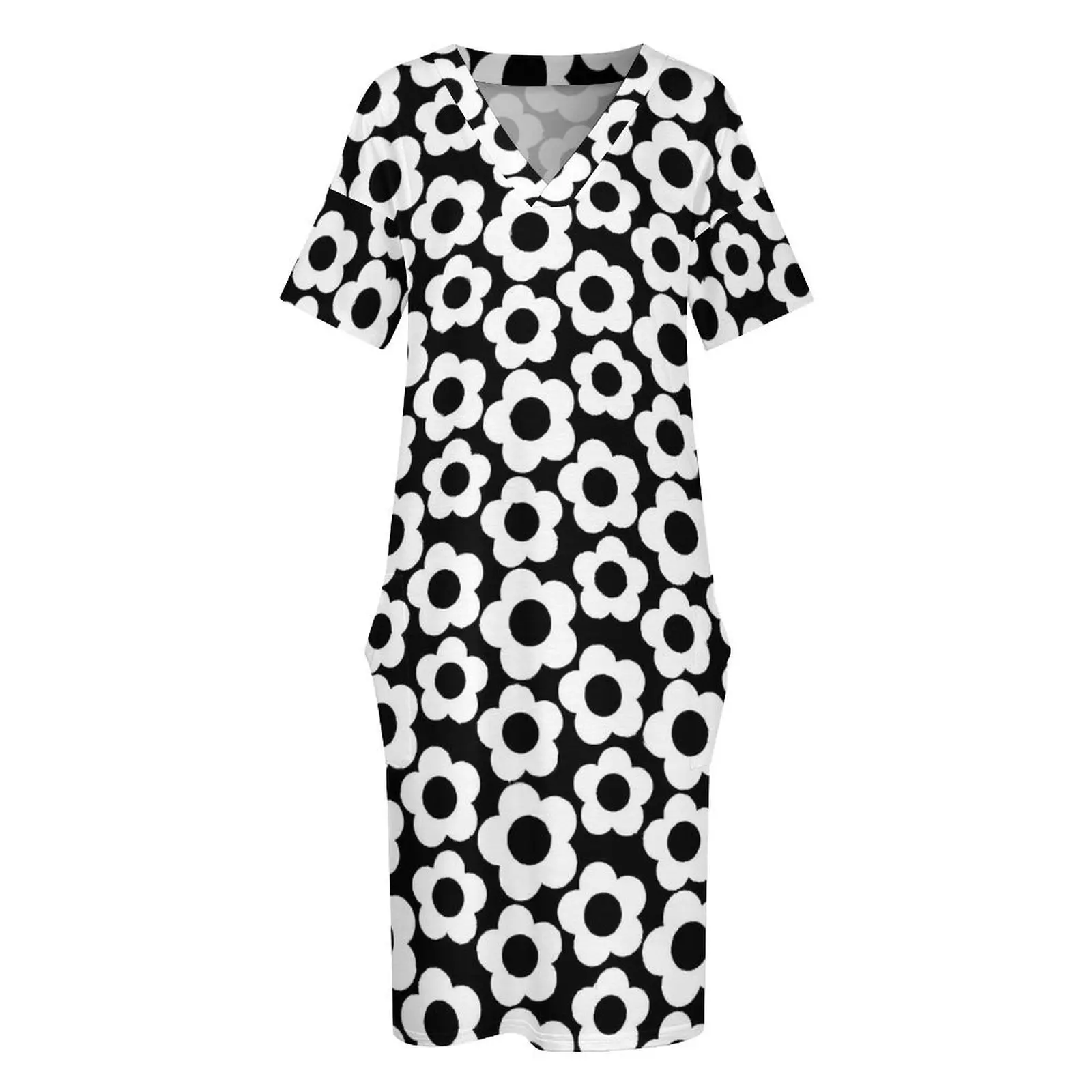 Retro Flower Power Dress Womens Black and White Korean Fashion Casual Dress Spring V Neck Stylish Oversize Dresses Gift Idea