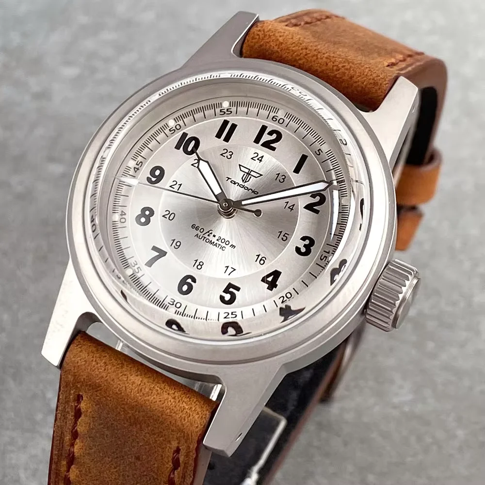 36mm Military Automatic Watch Men Miyota 8215/Asia 2824 Domed Sapphire Crystal Vintage Dial Leather Band Small Crown 20ATM