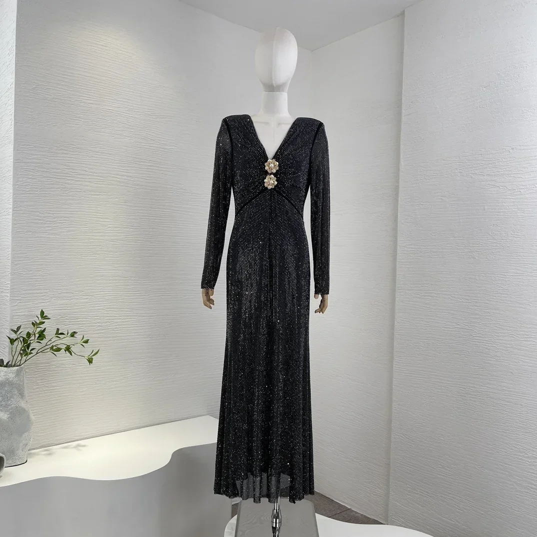 Diamond Luxury 2023 New Collection Black Top Quality Long Sleeve V-neck Mermaid Waist Women Midi Dress Sexy Party