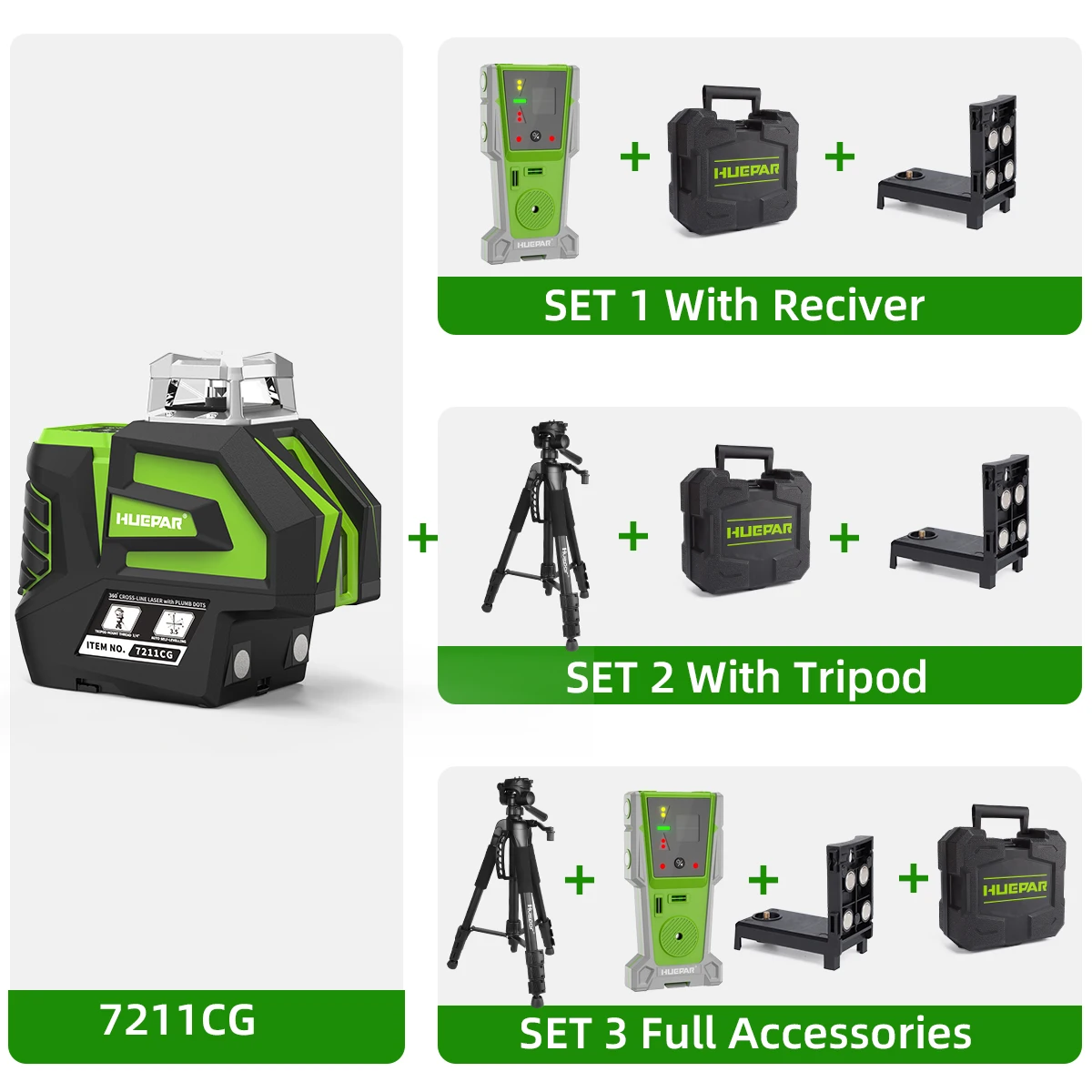 Huepar livello Laser verde a 360 ° con 2 punti a piombo, batteria agli ioni di litio, strumento Laser a linee incrociate autolivellante con