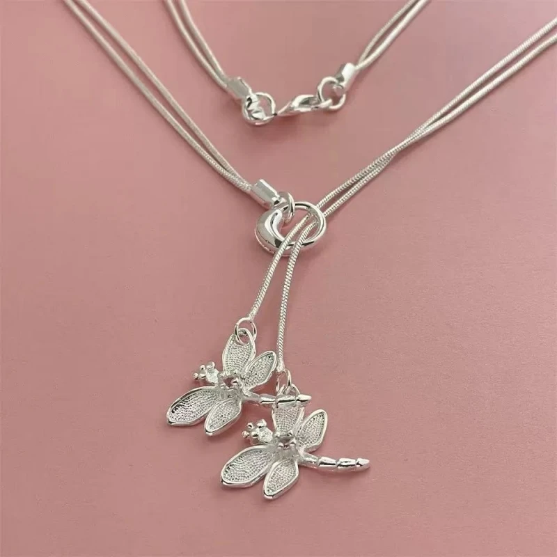 

Ожерелье из стерлингового серебра 925 пробы с двумя стрекозами для женщин, ожерелье-цепочка в виде змеи, свадебные украшения для помолвки