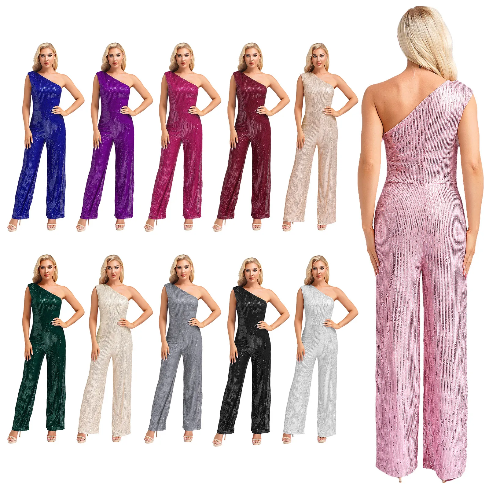 Women Girls One Shoulder Sequin Casual Straight Leg Pants Street Wear One-Piece Outfits Sleeveless Party Formal Romper Playsuit