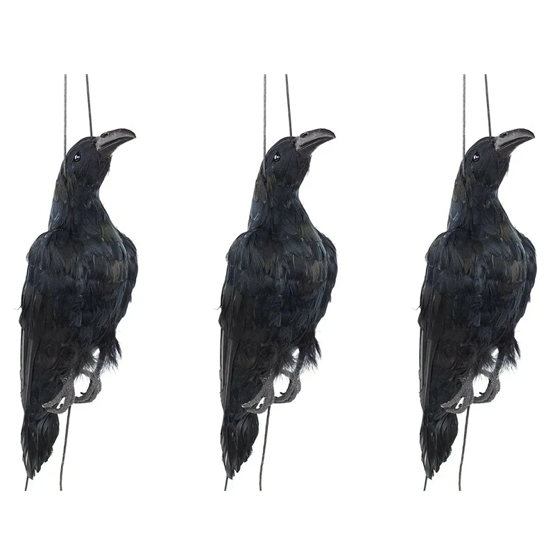 

3X Realistic Hanging Dead Crow Decoy Lifesize Extra Large Black Feathered Crow