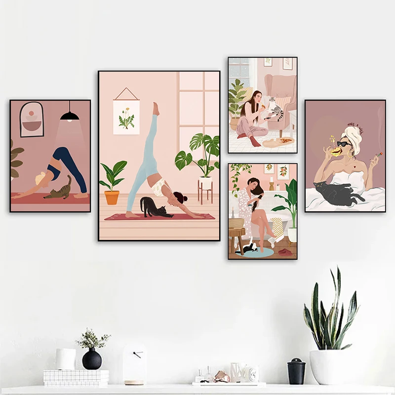 Girl Woman Leisure Time At Home Doing Yoga Funny Cat Posters Prints Canvas Printing Wall Art Picture for Living Room Home Decor