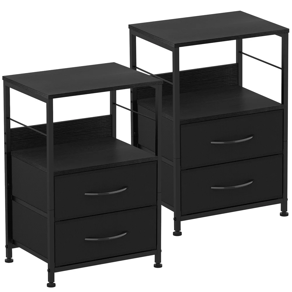 

Black Nightstand Set of 2 with 2 Fabric Drawers Open Shelf Adjustable Legs Stylish Side Table Bedroom Office