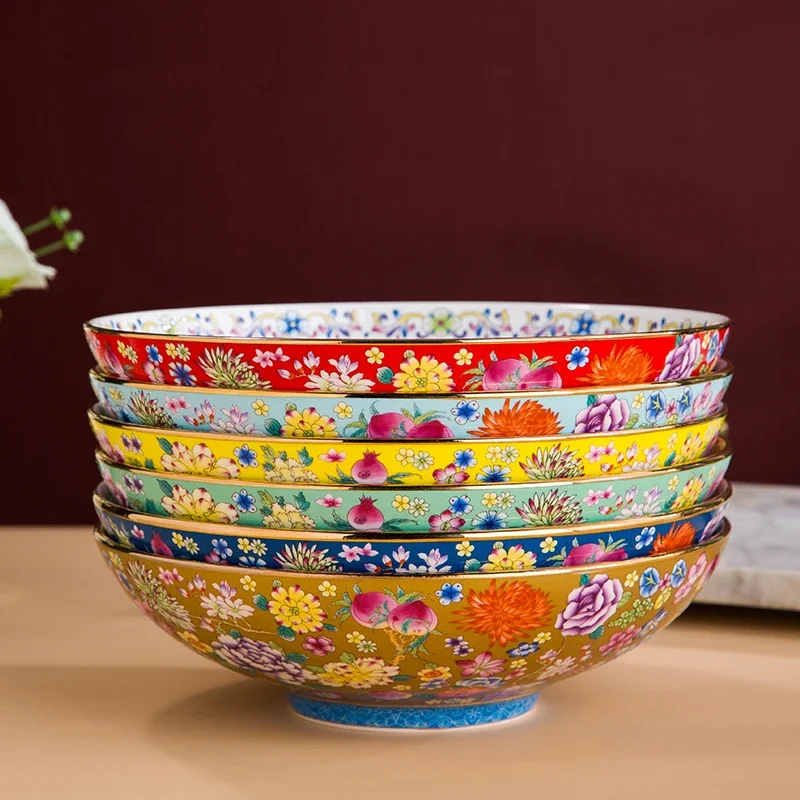 

8-inch large soup bowl, salad bowl, ceramic plate, palace-style restaurant home, multi-colored enamel tableware