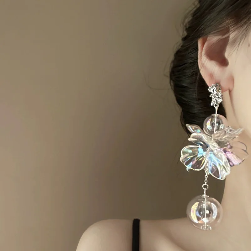 Transparent Crystal Flower Water Ball Exaggerated Earrings for Women Female Long Bride Wedding Jewelry Accessories christmas