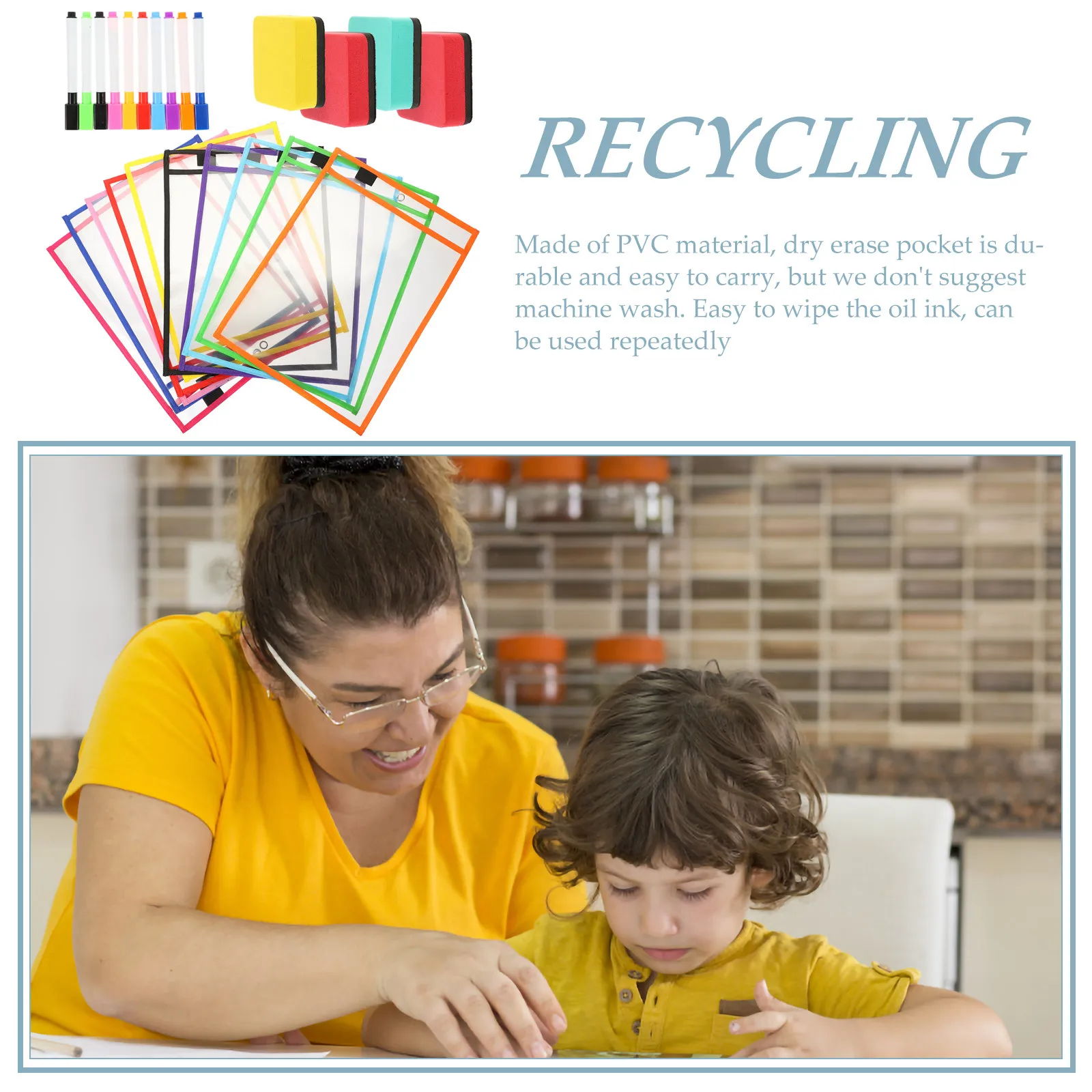 

1Set Dry Erase Pocket Convenient Hangable File Sleeve with Grommet Clear Reusable Student Workbook Cover Teacher Classroom