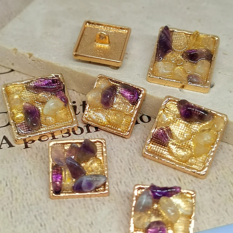 18/25MM Luxury Purple Stone Beaded Square Buttons Of Clothing High Quality Metal Handmade Fashion Decor Button Sewing Needlework