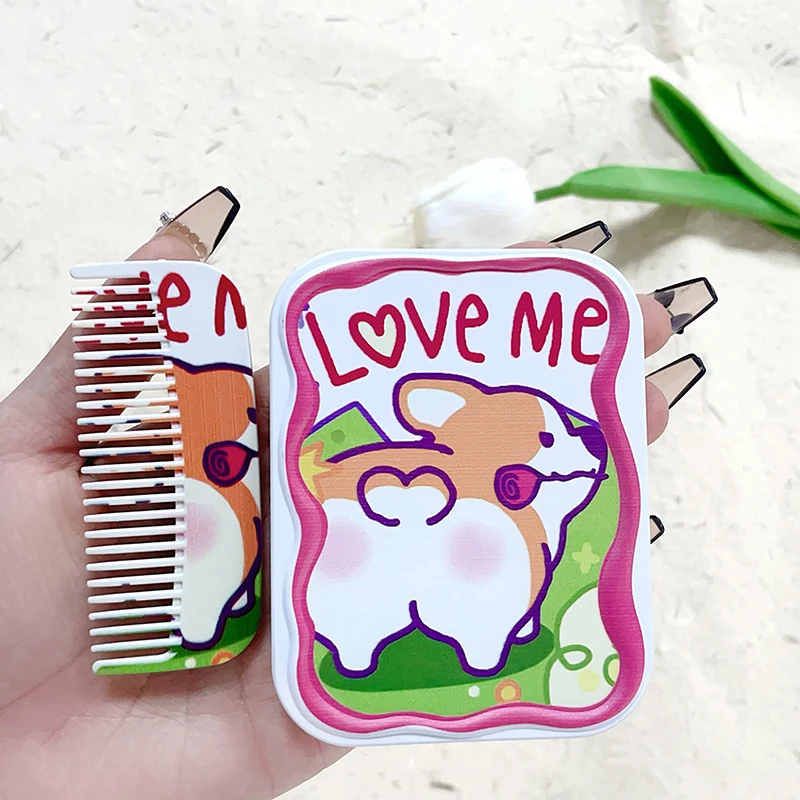 Cartoon Corgi Mini Folding Makeup Mirror With Comb Cute Puppy Portable Handheld Makeup Mirror For Women Girls