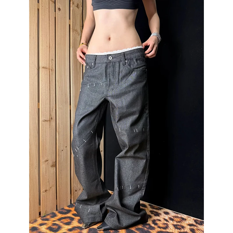 American Style Raw Denim Women's Workwear Patchwork Jeans Fashion Clean Fit Slightly Flared Straight Leg Denim Pants