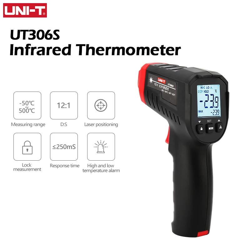 UNI-T Cyfrowy termometr na podczerwień UT306S UT306C Bezdotykowy termometr Laserowy miernik temperatury Pistolet -50-500 Termometro