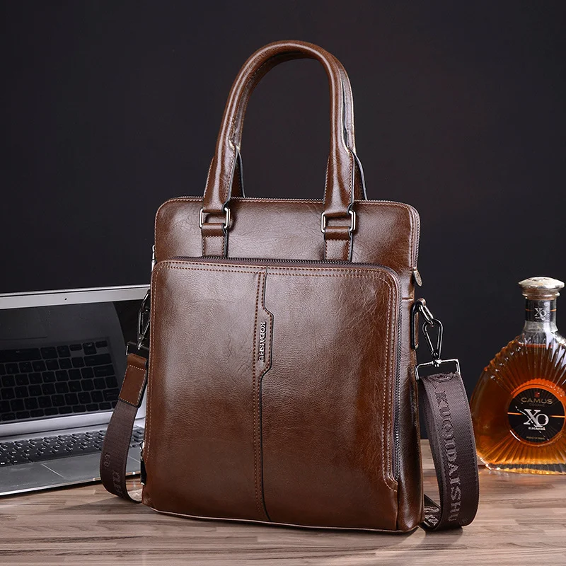 Genuine Leather Vertical Men Briefcases With Zipper Vintage Handbag Business Shoulder Messenger Bag Luxury Tote Bag For Male