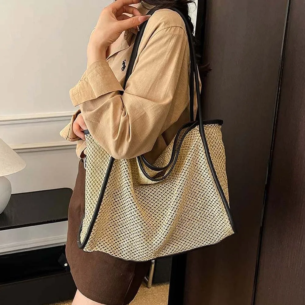 

Large Capacity Beach Hollow Composite Tote Solid Color Lightweight Straw Woven Shoulder Bag Leather Small Pouch Polyester